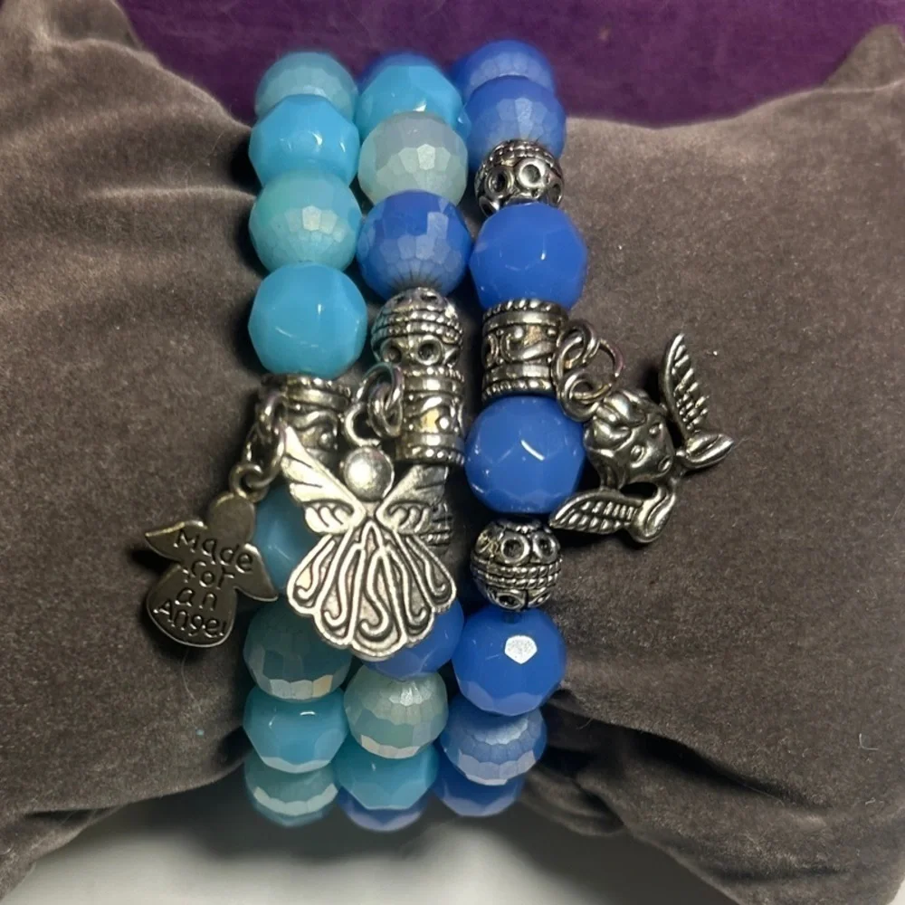 Chic Blues & Silver Angel Charm Bracelet Set